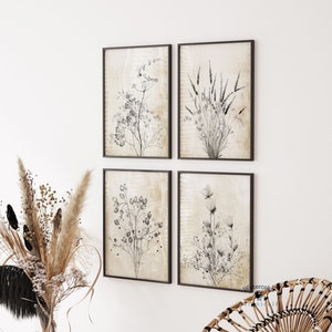 Decorazione minimalista della fattoria, set di 4 stampe, dipinto rustico, disegno di fiori neri, arte floreale botanica, opera d'arte minimalista