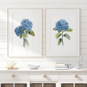 Navy Hydrangea Watercolor Duo – Set of 2 Minimalist Floral Prints, Modern Botanical Art with Green Foliage, Hand-Painted Wall Art