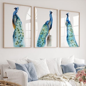 Acquerello 3 pavoni, set di 3 stampe, decorazione minimalista per la stanza con acquerello, uccelli glamour astratti, grandi poster artistici, idea regalo
