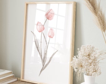 Aquarelle Tulipes Bundle, Impression unique minimaliste, Art mural floral moderne, Décor gris rose rougissement, Art botanique, Affiche d’art de la nature