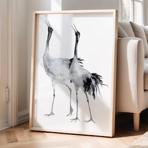 Minimalistischer Kranich Aquarell Druck - Moderne Küstenvogel Kunst, Wanddekoration im Japandi-Stil, elegante Reiher-Illustration