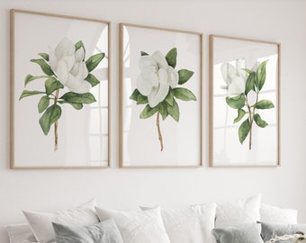 Fiori di magnolia bianca, set di 3 stampe, decorazione murale minimalista, illustrazioni botaniche ad acquerello moderno, arte della magnolia meridionale, immagine
