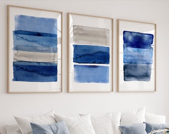 Große geometrische Aquarellkunst, Marineblau, Indigostreifen, abstraktes minimalistisches Wanddekor, 3er-Set Drucke, Ozean inspirierte zeitgenössische Kunst