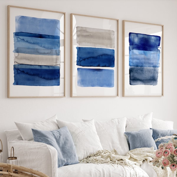 Große geometrische Aquarellkunst, Marineblau, Indigostreifen, abstraktes minimalistisches Wanddekor, 3er-Set Drucke, Ozean inspirierte zeitgenössische Kunst