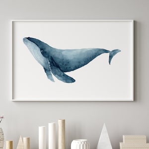 Minimalist Whale Painting, Watercolor Nautical Wall Decor, Navy Blue Artwork, Coastal Wall Art, Baby Nursery Art