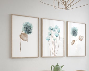 Turquoise Blue Set of 3 Prints, Minimalist Wall Decor, Hydrangea and Poppies Watercolor Painting, Botanical Prints, Nature Floral Soft Art