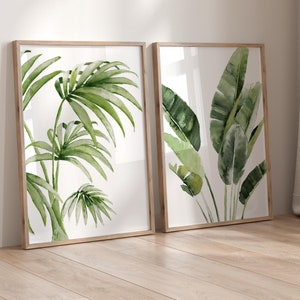 Set di due foglie tropicali, decorazione da parete esotica con acquerello, foglia di banana Monstera - 2 stampe, ramo di pianta, arte minimalista botanica verdeggiante