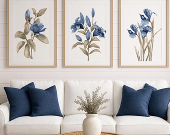 Blue Floral Prints – Set of 3 Prints, Minimalist Botanical Wall Art