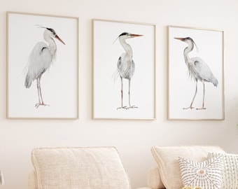 Gray Great Heron Set of 3 Prints, Large Bird Painting, Minimalist Wall Decor, Coastal Motif Art, Modern Watercolor Home Decor