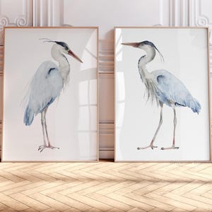 Uccelli ad acquerello costieri, elegante decorazione da parete per camera da letto, set di 2 stampe per sopra il letto, dipinto di airone azzurro