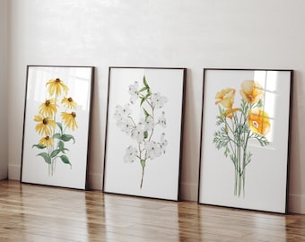 Fiori di stato dell'acquerello, set di 3 stampe, corniolo, papaveri californiani, Susan dagli occhi neri, decorazione murale botanica