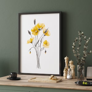 Watercolor Yellow Wall Decor, Yellow & Gray Art, Minimalist Fine Art Poster, Extra Large Print, Gift Idea for Her, Flowers, Floral Art