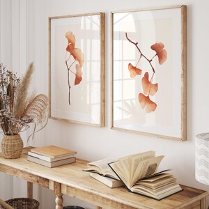Terracotta Ginkgo Branch Wall Art Set of 2 – Modern Watercolor Botanical Prints on Cream Background