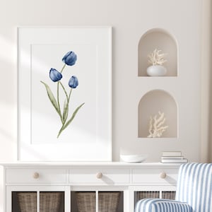 Tulipani blu acquerellati – Stampa artistica extra large, decorazione murale floreale moderna, poster di bouquet di fiori botanici
