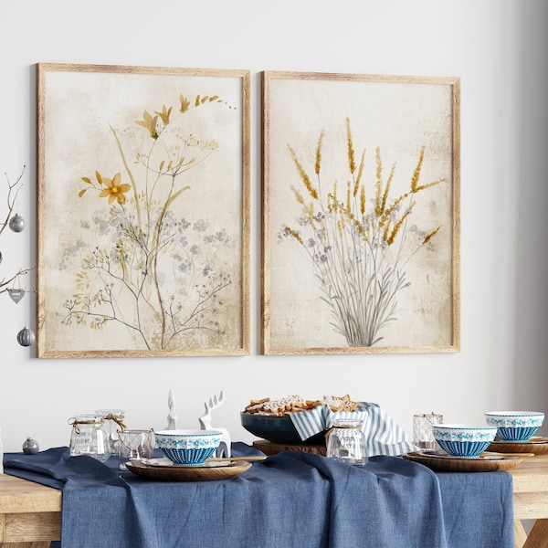 Modern Farmhouse Wall Decor in Boho Rustic Style, Yellow & Gray Artwork, Set of 2 Prints, Botanical Art directly from the Artist