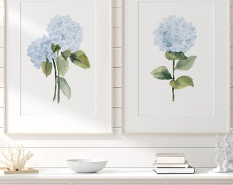 ミニマルな青いアジサイの水彩画プリント – ミニマルな花柄のウォールアート、エレガントな女の子の部屋と寝室の装飾、2枚セット