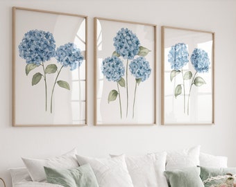Ensemble de 3 imprimés hortensia bleu, décoration murale minimaliste, fleurs abstraites, estampes botaniques, art floral des Hamptons, chalet de campagne, maison moderne
