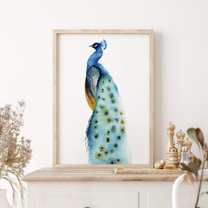 Watercolor Peacock Painting, Modern Abstract Bird Illustration, Minimalist Drawing, Bird of Paradise, Gift Idea, Extra Large Fine Art Poster image 2