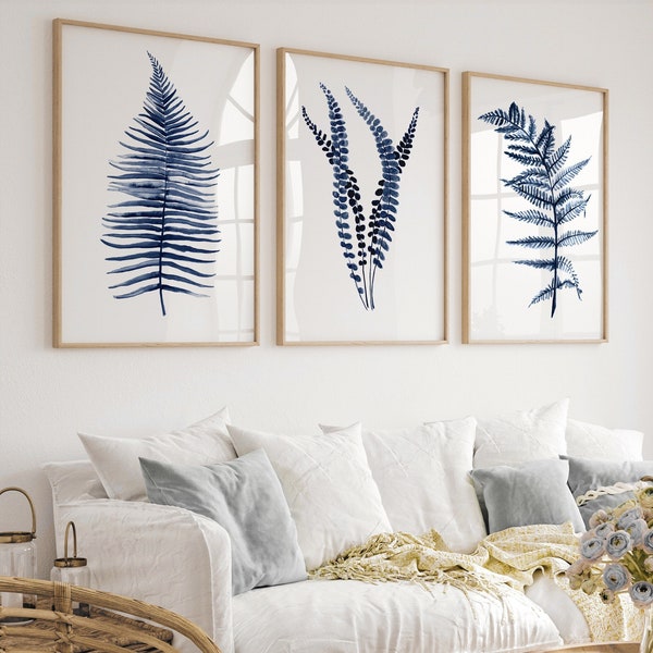 Navy Blue Fern Set of 3 Prints, Minimalist Art over King or Queen Size Bed, Contemporary Botanical Posters, Modern Hamptons Art, Fern Leaves