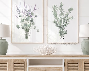 Botanical Modern Set - Watercolor 2 Prints, Sage Green Eucalyptus Lavender, Rosemary Watercolor Plants