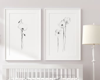 Minimalist Watercolor Poppies, Modern Farmhouse Wall Decor, Living Room Art, Set of 2 Prints, Art for above Queen Bed, Baby Girl Nursery Art