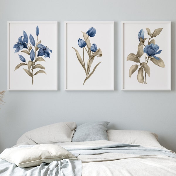 Blue Taupe Minimalist Flowers – Abstract Botanical Art, Set of 3 Prints, Minimalist Wall Decor, Magnolia, Tulips & Lilies
