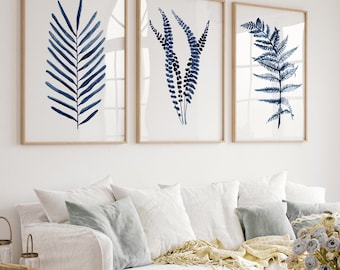 Blue Fern Prints - Minimalist Botanical Set of 3 Prints, Elegant Watercolor Artwork