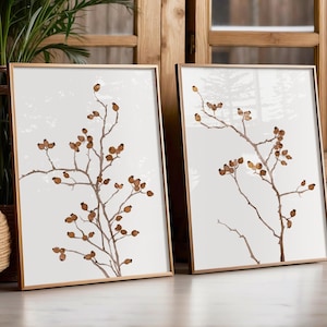 Gebrannte Siena Hagebuttenzweig-Grafik - rustikale botanische Wandkunst - Bauernhaus-Weihnachtsdruck - Herbst-Natur-Dekor, 2 Drucke