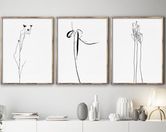 Fine Lines Art, 3er-Set Prints, Wilde kleine Blumen, minimalistische Wanddekoration, nur schwarz und weiß, elegantes Kunstwerk, moderne Bauernhaus Malerei