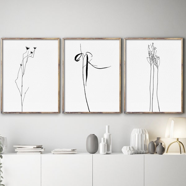 Fine Lines Art, 3er-Set Prints, Wilde kleine Blumen, minimalistische Wanddekoration, nur schwarz und weiß, elegantes Kunstwerk, moderne Bauernhaus Malerei