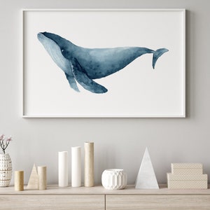 Whale Watercolor Art –  Blue Coastal Wall Decor | Nautical Animal Print for Baby Nursery & Beach House