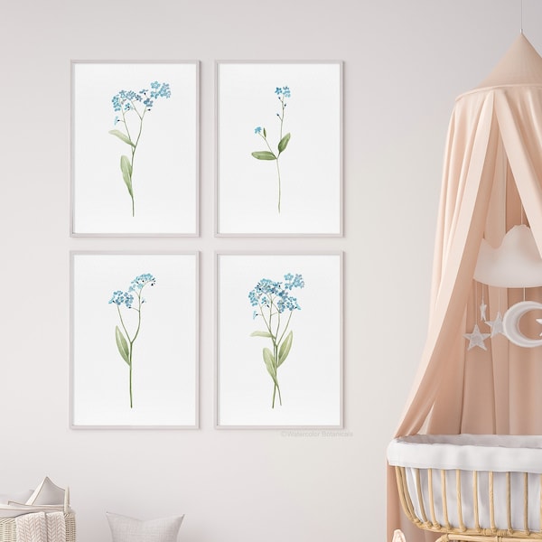 Forget Me Not Flowers Art Print, Fleur sauvage aquarelle minimaliste, Ensemble de 4 tirages, Art mural floral, Fine Art moderne, Peinture, Giclee,