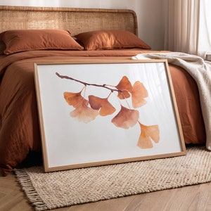 Stampa botanica color ruggine arancione - Ramo di ginkgo - Decorazione murale color terra di Siena bruciata, stampa orizzontale moderna minimalista, arte della fattoria