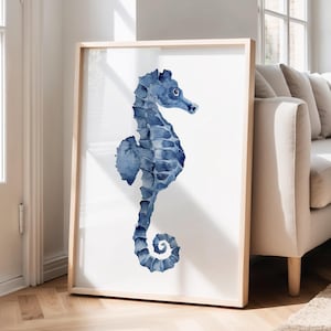 Stampa ad acquerello di cavalluccio marino - Arte murale costiera blu navy - Decorazione per casa sulla spiaggia nautica - Illustrazione della vita marina - Opera d'arte minimalista sull'oceano