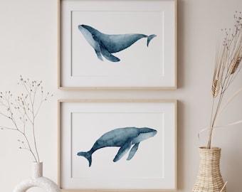 Aquarell Wale, Minimalistischer Wanddekor, 2er-Set Drucke, Tiermalerei, Horizontales Kunstwerk, Extragroße Drucke, Giclée