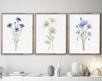 Watercolor Field Wildflowers Set of 3 Prints Nature Painting Floral Wall Art Botanical Print Minimalist Flax Flower Cornflower Daisy Daisies