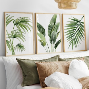 Watercolor Tropical Leaves Wall Art Set of 3 – Banana & Palm Leaf Prints, Exotic Greenery, Minimalist Coastal Decor for Modern Beach House