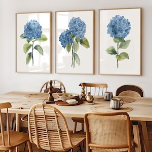 Blue Hydrangea Gallery Wall – Set of 3 Watercolor Botanical Prints – Modern Coastal Gift Art