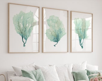 Küsten Aquarell 3er-Set Drucke, türkis, grün und mintfarbene Seefächerkorallen von Watercolor Botanicals, Modernes Schlafzimmer Minimalistische Wanddekoration