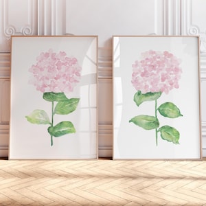Ortensie acquerello rosa cipria, set di 2 stampe, decorazione murale minimalista per la cameretta della bambina