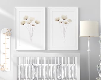 Baby Girl Nursery Artwork, Set of 2 Prints, Abstract Poppies, Neutral Room Decor, Floral Beige Ecru Watercolor Hangings, Giclee, Minimalist