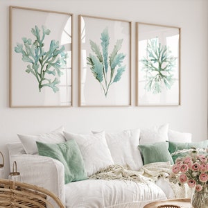Coralli verde chiaro, stampe botaniche color turchese, poster acquerellati, decorazioni botaniche extra large, arte costiera, casa sulla spiaggia