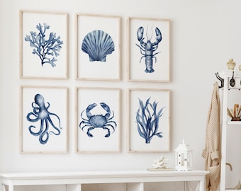 Seis láminas de arte marino para pared, decoración minimalista de acuarela, obra de arte náutico azul marino, coral, algas, conchas, cangrejos, langostas y pulpos.