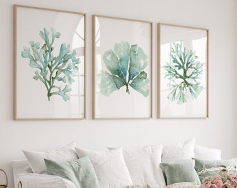 Coastal Botanical Posters, Coral Seaweed, Algae, Teal Turquoise Watercolor Set of 3 Prints, Minimalist Nautical Room Decor, Beach House Art