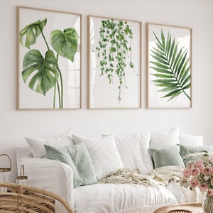 3 Piece Minimalist Wall Decor, Set of 3 Tropical Leaves, Fine Art Poster, Botanical Prints, Exotic Greenery Painting, Extra Large Artwork