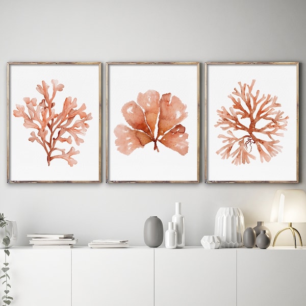 Coraux aquarelles, décor mural minimaliste, plantes aquatiques, impression d'art d'algues, peinture d'algues, oeuvre orange, beaux-arts, jet d'encre, ensemble de 3 tirages