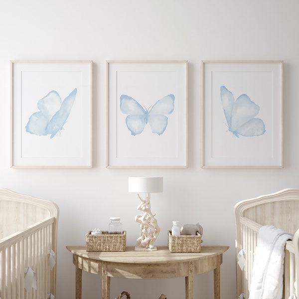 Baby Blue Butterfly, Minimalist Wall Decor, Nursery Art, Gift for new Parents, Extra Large Prints - not Posters, Set of 3 Prints, Kids Art