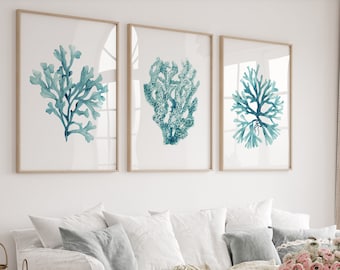 Teal Watercolor Corals, Set of 3 Prints, Nautical Wall Decor, Modern Hand Painted Art, Botanical Prints, Seaweed Painting, Beach House Art