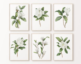 Könnte beinhalten: Satz von sechs Aquarelldrucken mit weißen Magnolienblüten und grünen Blättern. Die Drucke sind in einem einfachen weißen Rahmen gerahmt.