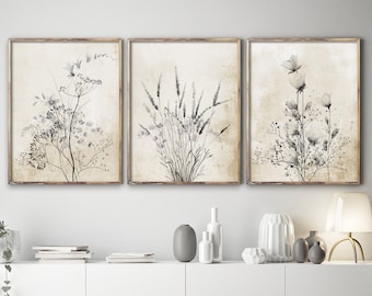 Black Flowers on Vintage Background, Rustic Boho Wall Decor, Modern Farmhouse, Handmade Wall Art, Printed and Shipped